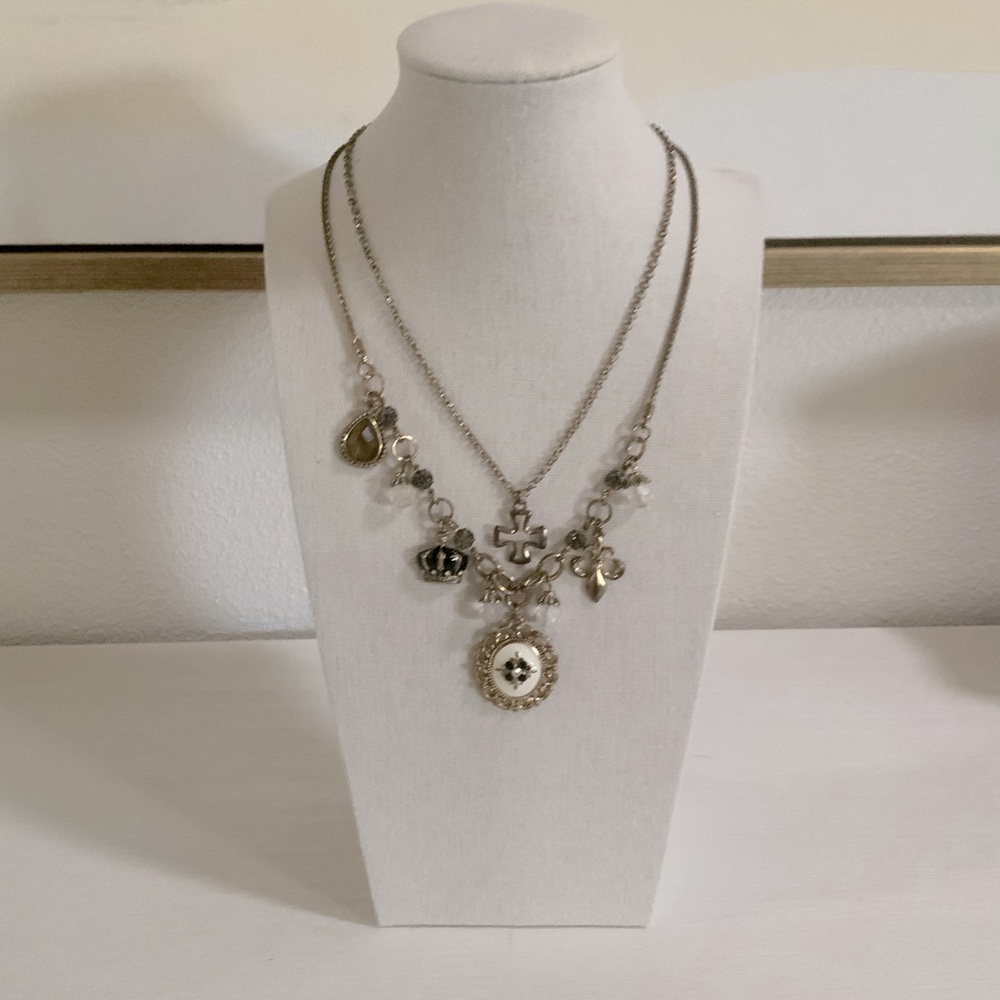 Necklace Charms-cross-crown-fleur de lis-pendant and beads- 2 chains in one